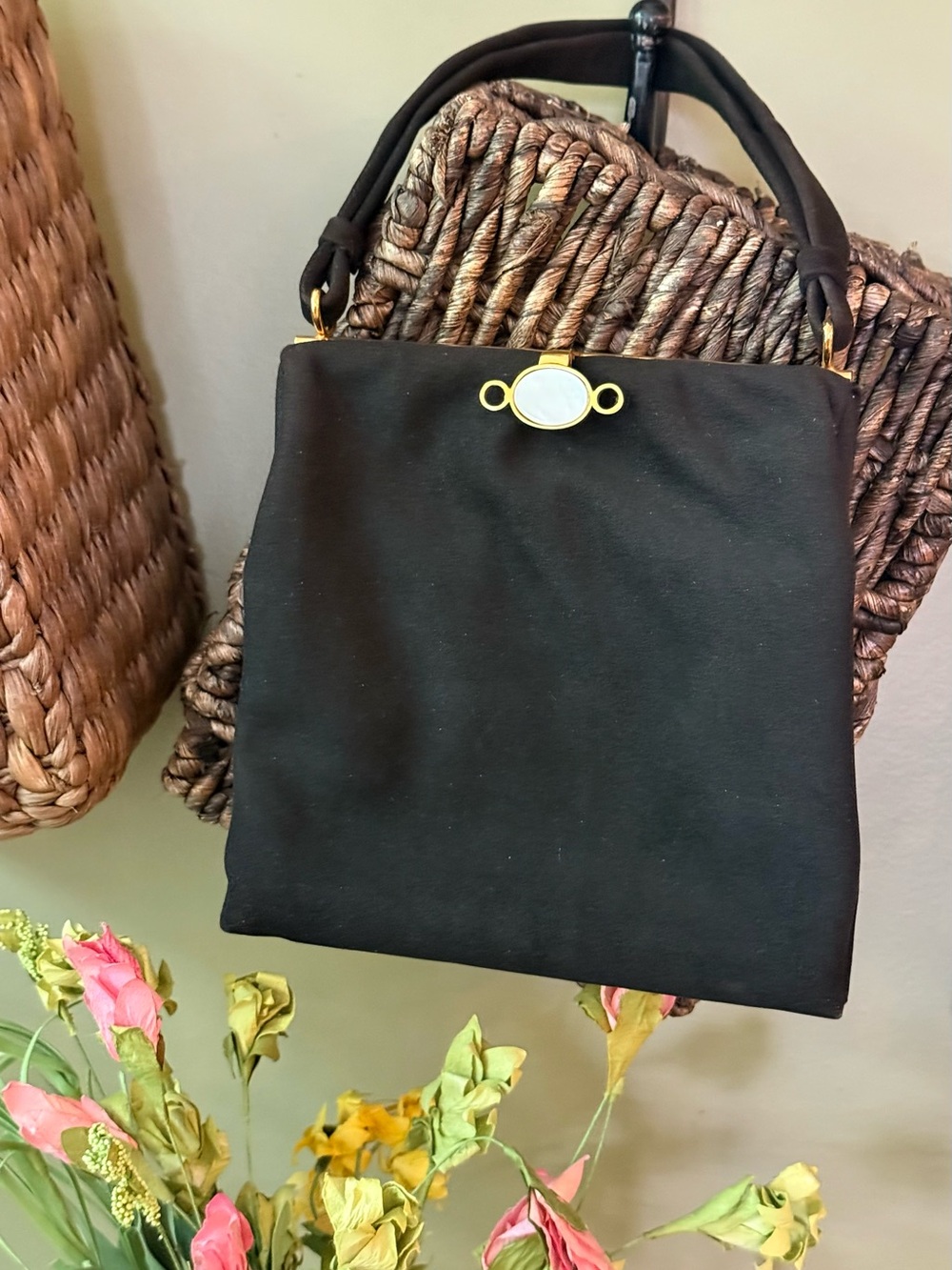 1960s Luti Firenze Italian Black Suede cocktail clutch with gold frame